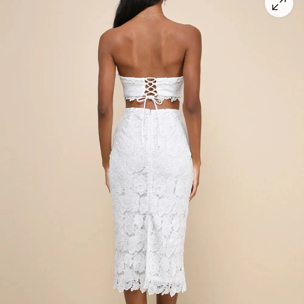 Lulu's Impressive‎ Elegance White Crochet Lace Strapless Midi Dress - Picture 9 of 10